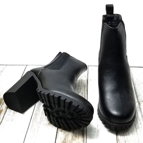 New Black Chelsea Elastic Chunky Heel Ankle Boots Booties - Picture 4 of 5